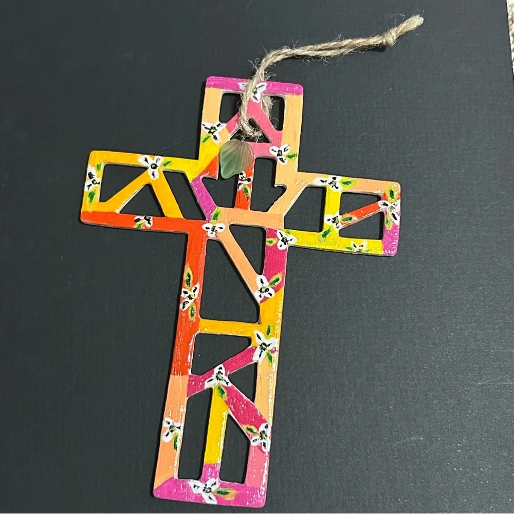 Hand Painted Cross Ornament Wooden Tropical Floral with Leaf Frosted Charm